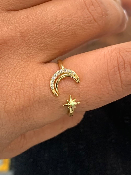 Moon and Star Ring Gold Plated CZ