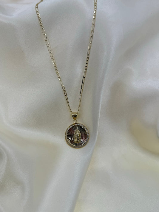 14k Gold Virgin Mary Necklace CZ